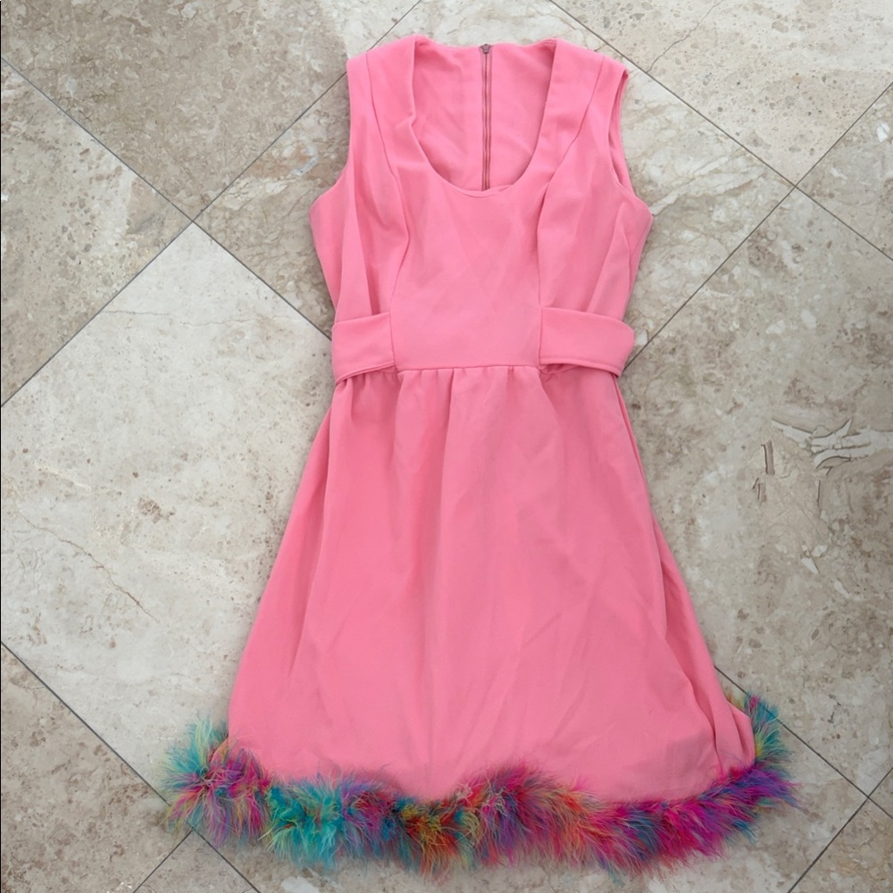 Vintage Pink Dress with Colorful Feather Hem